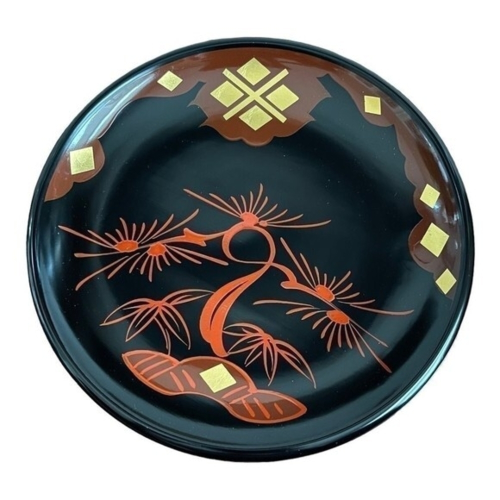 Tsugaru-nuri Lacquer Plate Hand Painted Japanese Art Black Red Gold VNTG Japan